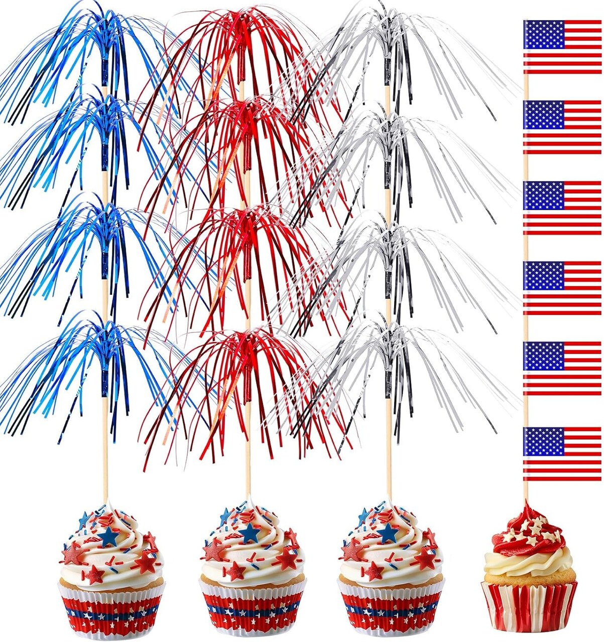 200-Piece 4th of July Cupcake Toppers and Cocktail Picks, Patriotic Firework and American Flag Toothpicks for Independence Day, Fruit Skewers, Party Drinks, and Red White & Blue Decorations